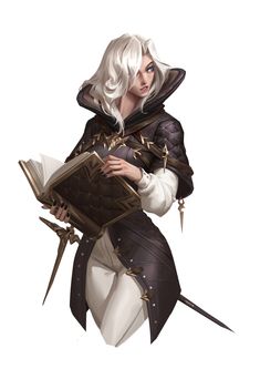 a woman with white hair wearing armor and holding a book