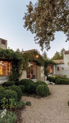 a house with lots of greenery on the front and side of it's facade