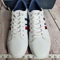 Tommy Hilfiger Men's Leather White Athletic Shoes - Thyme New In Distressed Box With No Lid. Shoes Are In Excellent Condition But Have Some Marks From Warehouse Handling. See Photos For Details. Size 13 White Leather Tommy Hilfiger Sneakers, Tommy Hilfiger White Sneakers, Mens Gym Shoes, Canvas Sneakers Men, White Keds, White Athletic Shoes, Tommy Hilfiger Sneakers, Keds Style, Skater Shoes