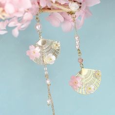 Asymmetric Japanese cherry blossom fan dangle earrings – The Silver Luna Japanese Accessories, Pearl Resin, Cherry Blossom Flower, Cherry Blossom Flowers, Japanese Cherry Blossom, Blossom Flower, Pearl Drop, Base Colour, Flower Decorations