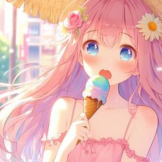 a girl with pink hair holding an ice cream cone in her hand and wearing a straw hat