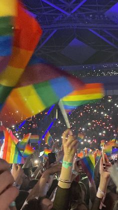 many people are holding rainbow flags at a concert