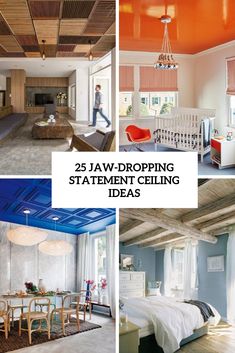 the different rooms in this house have blue and white walls, wood floors, and wooden ceiling