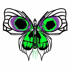 a drawing of a green and purple butterfly