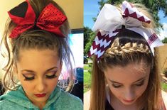 Braided Cheer Hair, Cute Cheerleading Hairstyles, Cheer Ponytail, Cheerleading Hair, Curled Ponytail, Competition Hair