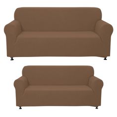 two brown couches sitting next to each other