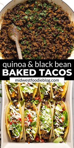 an image of baked tacos with black beans and lettuce in the middle