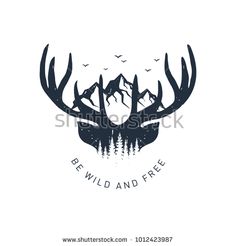 deer head with trees and mountains in the background for logo or emblem design, suitable to use