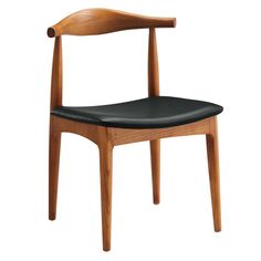 a wooden chair with black leather seat pad