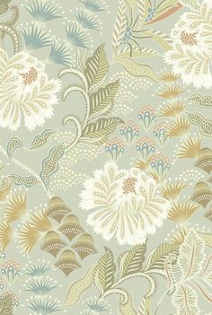 an abstract floral pattern with gold, blue and white flowers on a light green background