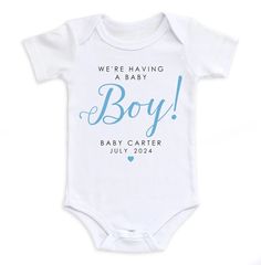 We're Having A Baby Boy Bodysuit - Easy Basic Creations Personalized Family Matching Onesie For Birthday, Personalized White Bodysuit For Gift, Customizable Family Matching Onesie For Birthday, White Onesie With Name Print For Gift, White Letter Print Bodysuit As Gift, Personalized Fitted Onesie For Gender Reveal, Personalized White Bodysuit For First Birthday, White Personalized Bodysuit For First Birthday, Personalized White Onesie As A Gift