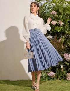 Blue Midi Skirt Outfit, Formal Attire Women, Long Skirt And Top, Light Blue Skirts, Blue Pleated Skirt, Blue Midi Skirt, White Corset Top, Color Combos Outfit