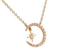 "PRODUCT DESCRIPTION: - 14k Gold Crescent Moon Diamond Pendant Charm Necklace With Hanging Diamond Starburst / 14k Dainty Diamond Crescent Moon & Star Necklace - 14k Gold Diamond Crescent Moon & Star Necklace, Star Moon Diamond Necklace, Moon Pendant, Diamond Star, Celestial Jewelry - 14k Mini Crescent Moon With Dangling Star Chain Necklace / Necklace For Her / 14k Necklace Gift for Her / 14k Crescent Moon Necklace * Gold Purity: 14k * Gold Weight: 2.14 Grams * Diamond Quantity: 22 Stone 14k Gold Celestial Necklace With Single Cut Diamonds, Celestial Necklaces With Single Cut Diamonds For Anniversary, Celestial Style Necklaces With Single Cut Diamonds For Anniversary, Celestial Style Necklace With Single Cut Diamonds For Anniversary, Celestial Necklace With Single Cut Diamonds For Anniversary, 14k Gold Star-shaped Moon Charm Jewelry, Gold Star-shaped Necklace With Single Cut Diamonds, Celestial Star-shaped Jewelry With Diamond Accents, 14k Gold Star-shaped Jewelry With Moon Charm