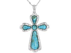 6mm round , 23x10mm,10x6mm free-form cabochon Turquoise rhodium over sterling silver cross pendant with 18" Singapore chain. Measures approximately 2.30"L x 1.43"W. Lobster clasp. 2.5mm bail. 2" extender. Finished back. Blue Sterling Silver Crucifix Jewelry, Southwestern Blue Cross Jewelry, Southwestern Style Blue Cross Jewelry, Southwestern Silver Cross Pendant Necklace, Turquoise Sterling Silver Cross Necklace, Turquoise Cross Sterling Silver Necklace, Southwestern Style Silver Cross Pendant Necklace, Southwestern Silver Cross Jewelry, Turquoise Cross Necklace In Sterling Silver