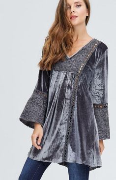 Velzera Boho Embroidered Velvet Tunic Dress - Gray Velvet Tunic Dress, Teacher Clothing, Velvet Dress Designs, Velvet Tunic, Dress With Embroidery, Estilo Hippie, Embroidered Velvet, Dusty Rose Dress, Dress Dusty