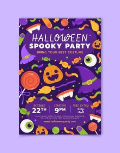 halloween spooky party flyer with monsters and pumpkins on the purple background for an event