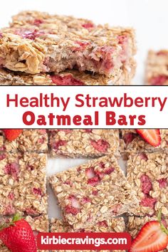 healthy strawberry oatmeal bars stacked on top of each other with strawberries