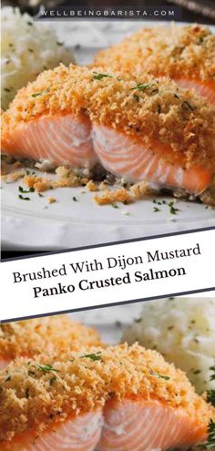 two photos of baked salmon with dijon mustard and parmesan crumbs