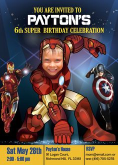 an iron man birthday party card with the image of two superheros and captain america