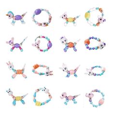 several different types of bracelets with animals on them, all in various colors and shapes