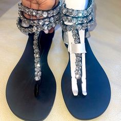 Stunning Pair Of Statement Flats. Adjustable Embellished Silver Sandals, Silver Embellished Flat Sandals, Silver Flat Heel Sandals With Rhinestones, Silver Sandals With Rhinestones And Flat Heel, Glamorous Silver Flat Heel Sandals, Elegant Silver Flat Sandals, Silver Embellished Sandals With Single Toe Strap, Spring Silver Sandals With Bling, Silver Bling Sandals For Spring