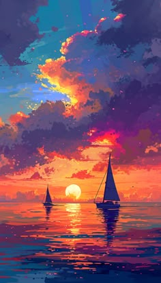 two sailboats floating in the ocean at sunset with clouds and sun setting behind them