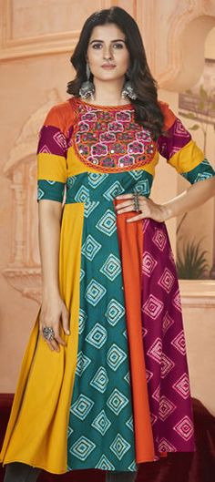 Multicolor color Kurti in Rayon fabric with Embroidered, Printed, Thread work Festive Kurti, Color Kurti, Reception Lehenga, Engagement Reception, Waist Chain, Thread Work, Rayon Fabric, Salwar Kameez, Anarkali