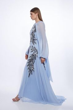 Feather Embellished Woven Long Sleeve Maxi Dress Blue Hand Embellished Dress For Festive Occasions, Festive Blue Hand Embellished Dress, Long Sleeve Embellished Silk Dress, Light Blue Embellished Long Sleeve Dress, Light Blue Embellished Floor-length Dress, Hand Embellished Long Sleeve Silk Dress, Elegant Hand Embellished Blue Dresses, Long Sleeve Dress Formal Classy, Wedding Guest Dress Classy