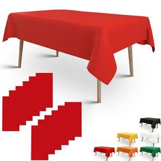 an image of a red table cloth with different colors on it and four tables in the background