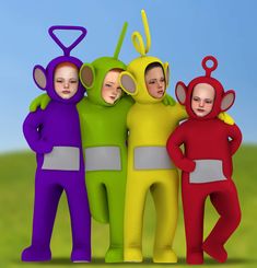 three children in colorful costumes standing next to each other with their hands on their hipss