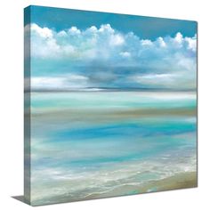 an abstract painting of the ocean with clouds in the sky and blue water below it