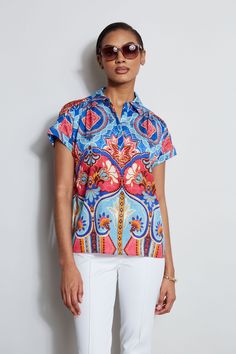 Easy & playful, our engineered Tapestry Floral Printed Shirt features a dropped shoulder, rolled up cuff & hidden placket. This collector 's piece is perfect for pairing with white or our designer denim jeans. Short Sleeve Tapestry Floral Printed Button Down Shirt 91% Silk, 9% Spandex Runs true to size. Model is 5'9" and wearing size S Imported Style #: ETR41340 Designer Denim, Floral Tapestry, Long Sleeve Short Dress, Denim Design, Knit Tees, Denim Coat, Knit Jacket, Cardigan Jacket, Floral Shirt