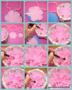 step by step instructions on how to make a pink rosette cake with fondant