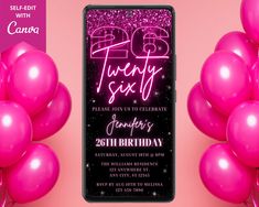 a pink birthday party with balloons and a phone