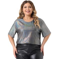 Get ready to shine and make a statement at festivals and concert carnivals with these Metallic Holographic Shimmer Tops. Designed to catch the light and turn heads, these tops are perfect for creating trendy and eye-catching festival outfits that will make you stand out from the crowd. The short sleeves of these tops not only provide a comfortable and breathable option for outdoor events but also showcase your style. Stay cool and comfortable while looking effortlessly stylish. Versatility is a Party Blouses, Metallic Blouses, Party Blouse, Plus Size Brands, Grey Outfit, Moda Plus, Carnival Party, Hem Style, Outdoor Events