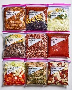 six bags of different types of food in each bag