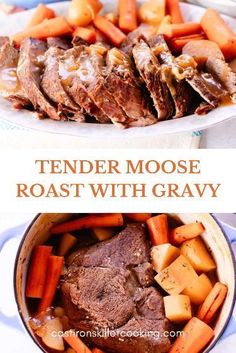 a pot roast with gravy and carrots is shown in this collage