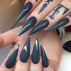 Pointy Black Nails, Black Pointy Nails, Pointy Acrylic Nails, Grey Acrylic Nails, Long Stiletto Nails, Pointy Nails, Stiletto Nail Art