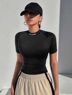 Women's Half Turtleneck Tight Short Sleeve T-Shirt With Letter Print And Cropped Hem Black Casual  Short Sleeve Knitted Fabric Letter,Plain  High Stretch Spring/Fall Women Clothing, size features are:Bust: ,Length: ,Sleeve Length: Black High Stretch T-shirt For Sports, Black Sports Top, Short Length, Cheap Sports Cropped T-shirt With Short Sleeves, Black Cropped T-shirt For Sports, Brown Sporty Short Sleeve T-shirt, Stand Neck, Shorts With Tights, Kids Sleepwear, Womens Tees