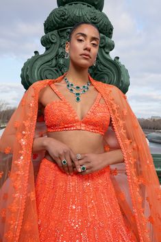 Neon Orange Sequin Lehenga Set Strappy Blouse, Sequin Lehenga, Seema Gujral, Orange Lehenga, Neon Abstract, Sonakshi Sinha, Kareena Kapoor Khan, Madhuri Dixit, Jacqueline Fernandez