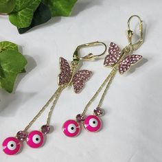 So Cute Gold Filled Lever Close Hot Pink Evil Eye Pink Crystal Butterflies New #35 Boho Bohemian Hippie Gypsy Casual Dressy Wedding Pink Butterfly Earrings With Ear Wire, Trendy Pink Butterfly Jewelry, Pandora Heart Earrings, Pink Bohemian Evil Eye Jewelry, Pink Evil Eye Spiritual Jewelry, Pink Bohemian Drop Earrings, Pink Drop Earrings With Dangling Charms, Pink Earrings With Dangling Charms, Pink Butterfly Charm Earrings As Gift