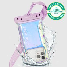 an iphone case is in the water with a pink strap