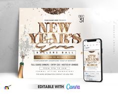 a new year's eve party flyer is displayed next to an iphone and phone