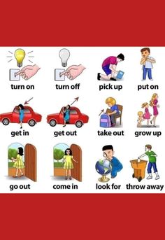 an english poster showing different types of phrasal verbs for children to learn