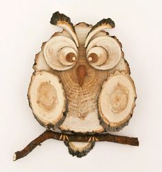 an owl sitting on top of a piece of wood