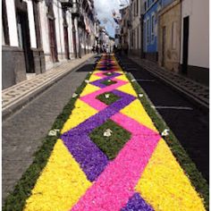 a street lined with flowers and grass in the middle of an empty road, surrounded by buildings