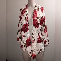 Fashion Magazine White And Rose Blazer Size Large This Blouse Is Sure To Make A Bold Fashion Statement New Without Tags Never Worn Contemporary And Timeless A Staple And Essential For Any Wardrobe It Is Neutral White With Bright Red Roses Very Comfortable Fabric Contact Me If You Have Any Questions Bundle To Save Money Check Out My Closet Amorefinds For More Great Items. New Items Added Daily Spring Floral Print Open Front Top, Open Front Floral Print Tops For Day Out, Floral Print Open Front Tops For Day Out, Summer Floral Print Red Outerwear, Red Open Front Tops For Spring, Red Open Front Top For Spring, Spring Red Open Front Top, Womens Peplum Tops, Lace Peplum Blouse