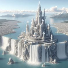 a castle is surrounded by water and ice in the middle of an island with waterfalls