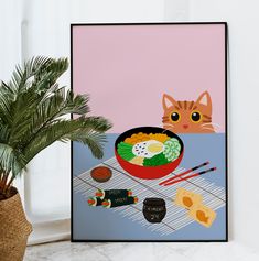 a cat is sitting behind a poster with sushi and chopsticks