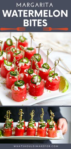 watermelon bites on a platter with toothpicks and pickles in the middle